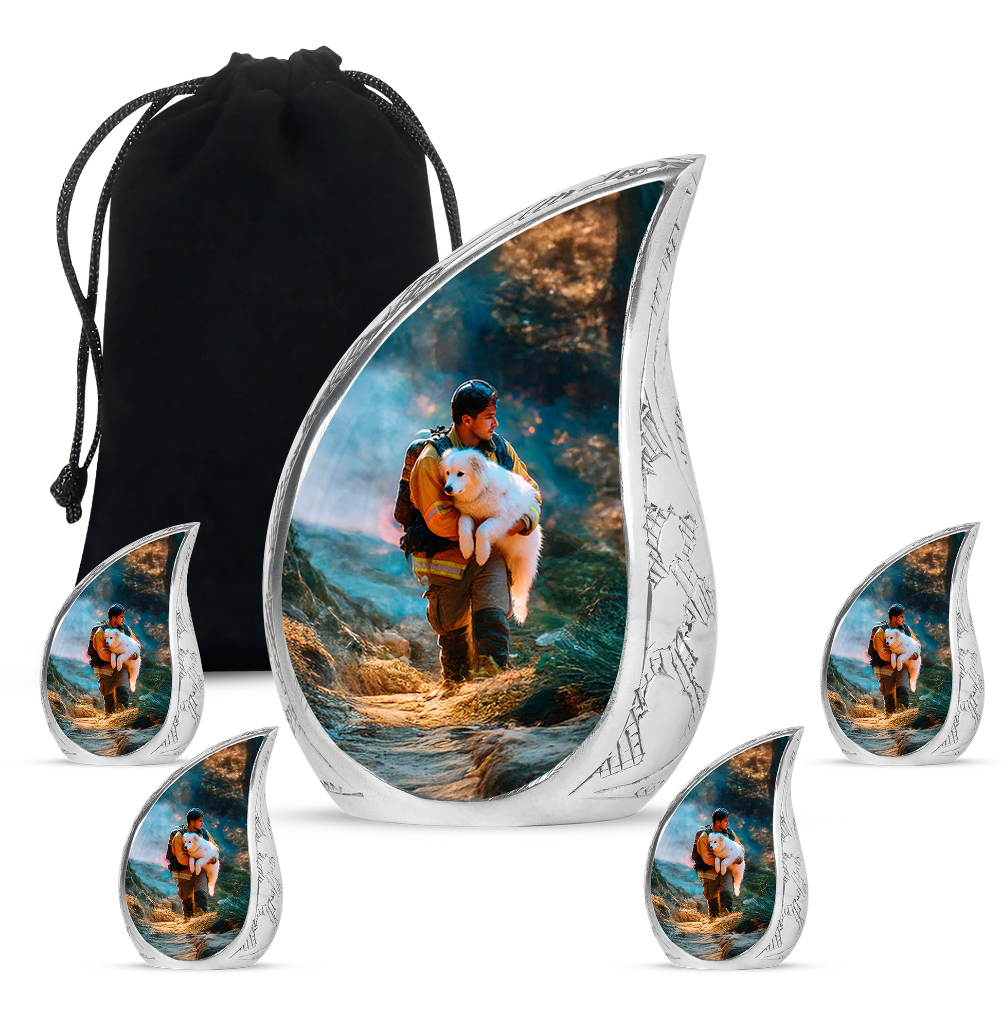 Sea Green Teal Firefighter Cremation Urn side profile showing urn shape - rounded teardrop firefighter design with delicate detail - memorial set with one large and four small urns