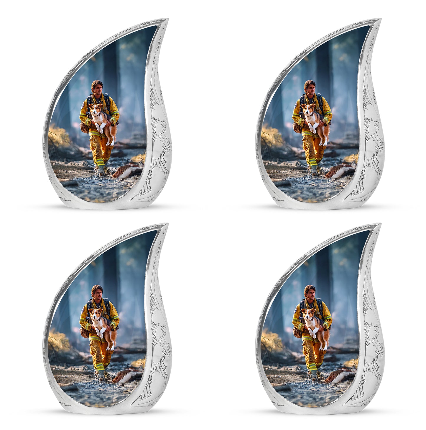 Cornflower Blue Firefighter Cremation Urn close-up of engraving and surface detail - smooth teardrop contour featuring firefighter art - 10 inch aluminum urn for cremated remains