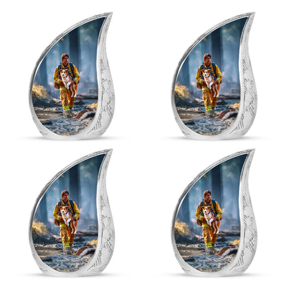 Cornflower Blue Firefighter Cremation Urn close-up of engraving and surface detail - smooth teardrop contour featuring firefighter art - 10 inch aluminum urn for cremated remains