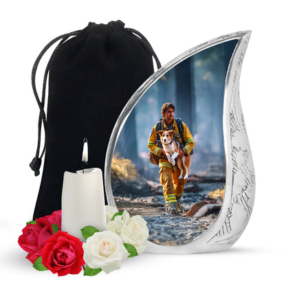 Sky Blue Firefighter Cremation Urn front view showing detailed design - flowing teardrop firefighter silhouette on curved aluminum - full-size 10 inch 200 cubic inch adult cremation urn