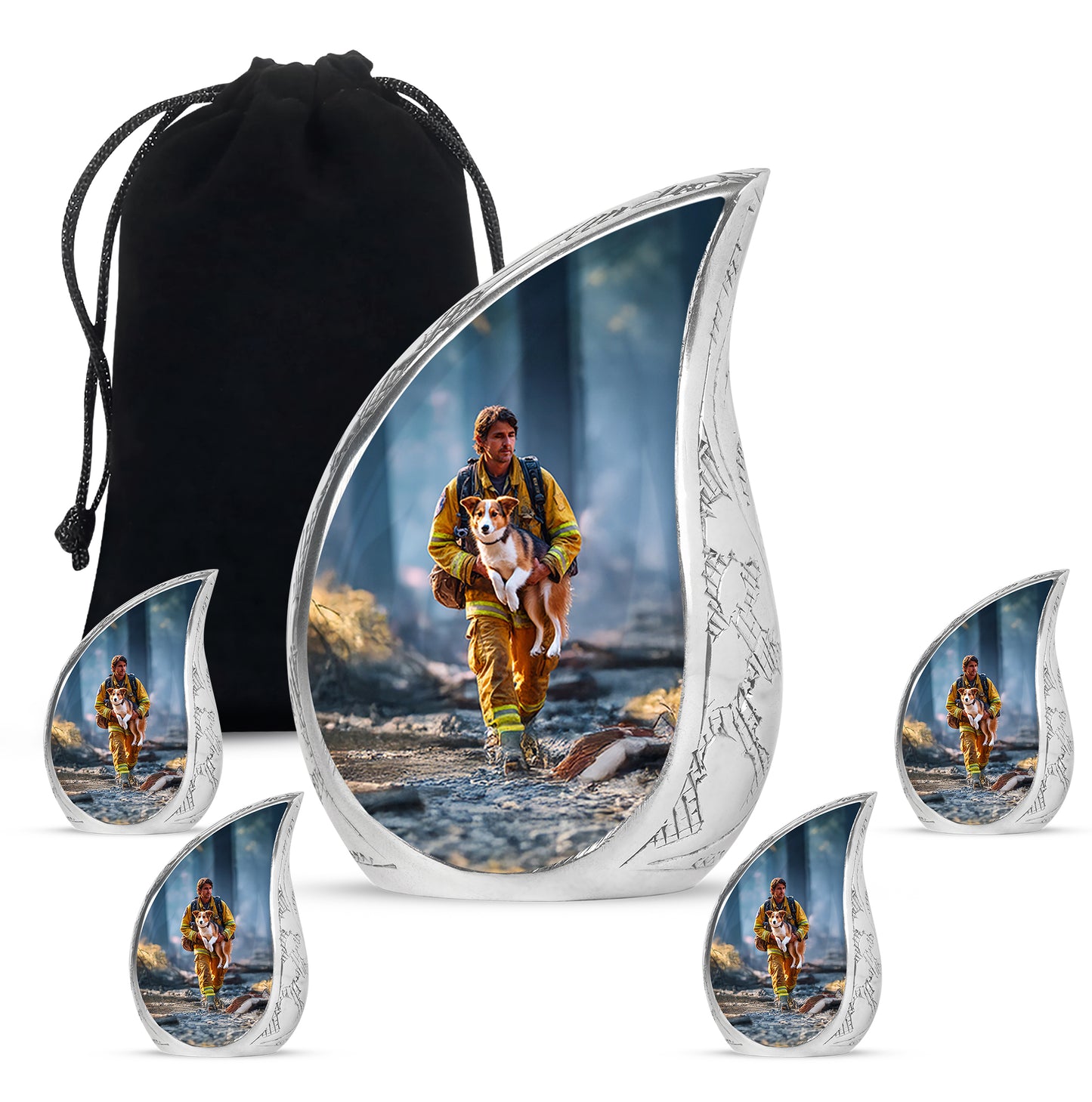 Royal Blue Firefighter Cremation Urn side profile showing urn shape - smooth teardrop contour featuring firefighter art - memorial set with one large and four small urns