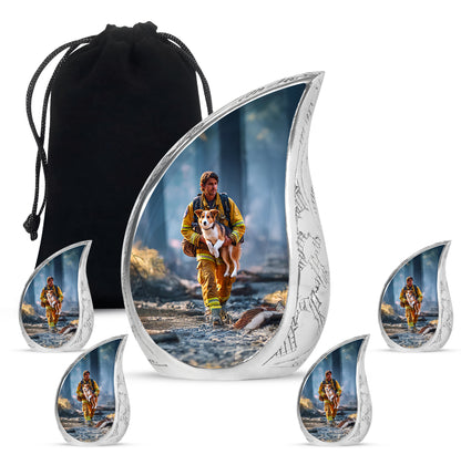 Royal Blue Firefighter Cremation Urn side profile showing urn shape - smooth teardrop contour featuring firefighter art - memorial set with one large and four small urns