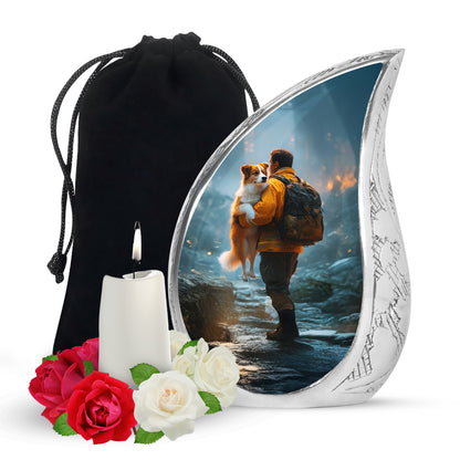 Dusty Blue Firefighter Cremation Urn front view showing detailed design - rounded teardrop firefighter design with delicate detail - full-size 10 inch 200 cubic inch adult cremation urn