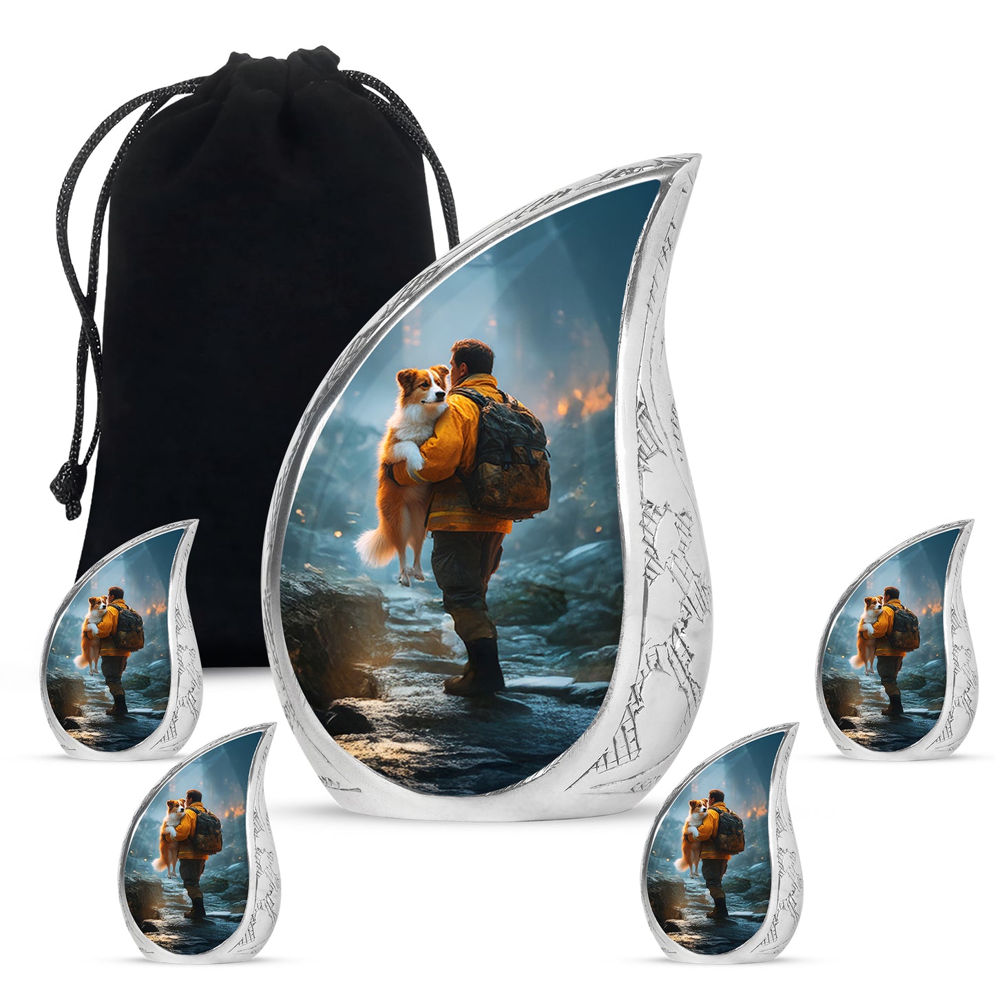 Sky Blue Firefighter Cremation Urn side profile showing urn shape - flowing teardrop firefighter silhouette on curved aluminum - memorial set with one large and four small urns