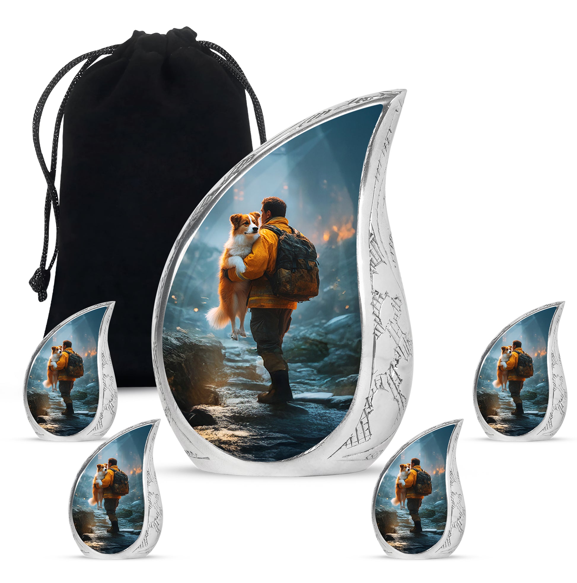 Sky Blue Firefighter Cremation Urn side profile showing urn shape - flowing teardrop firefighter silhouette on curved aluminum - memorial set with one large and four small urns