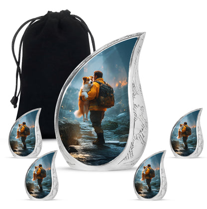 Sky Blue Firefighter Cremation Urn side profile showing urn shape - flowing teardrop firefighter silhouette on curved aluminum - memorial set with one large and four small urns
