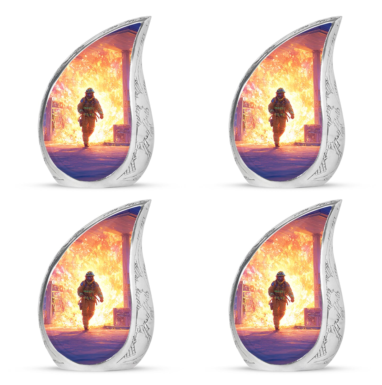Serene Blue Firefighter Cremation Urn close-up of engraving and surface detail - smooth teardrop contour featuring firefighter art - 10 inch aluminum urn for cremated remains