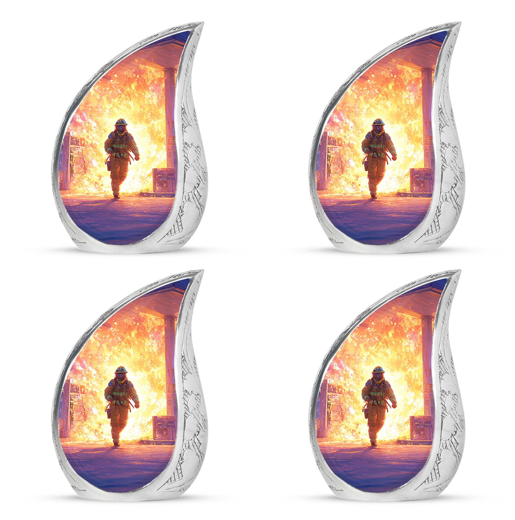Serene Blue Firefighter Cremation Urn close-up of engraving and surface detail - smooth teardrop contour featuring firefighter art - 10 inch aluminum urn for cremated remains