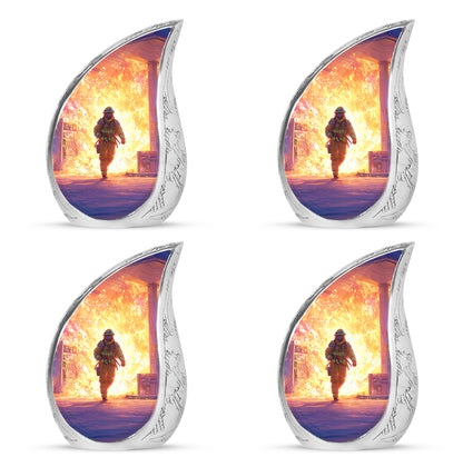 Serene Blue Firefighter Cremation Urn close-up of engraving and surface detail - smooth teardrop contour featuring firefighter art - 10 inch aluminum urn for cremated remains