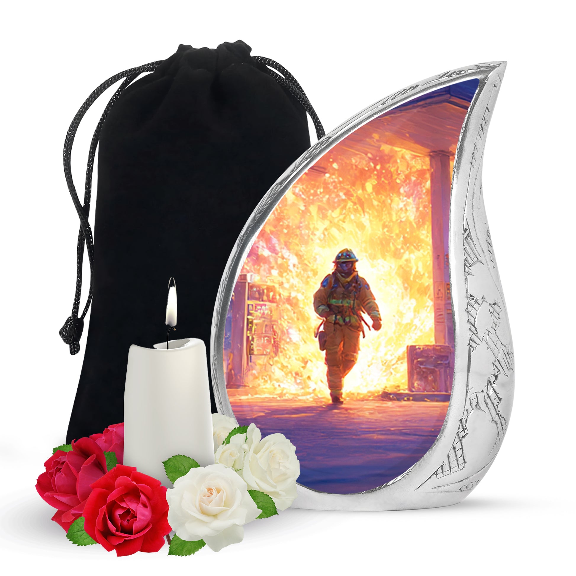Navy Blue Firefighter Cremation Urn front view showing detailed design - rounded teardrop firefighter design with delicate detail - full-size 10 inch 200 cubic inch adult cremation urn