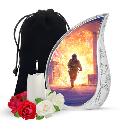 Navy Blue Firefighter Cremation Urn front view showing detailed design - rounded teardrop firefighter design with delicate detail - full-size 10 inch 200 cubic inch adult cremation urn