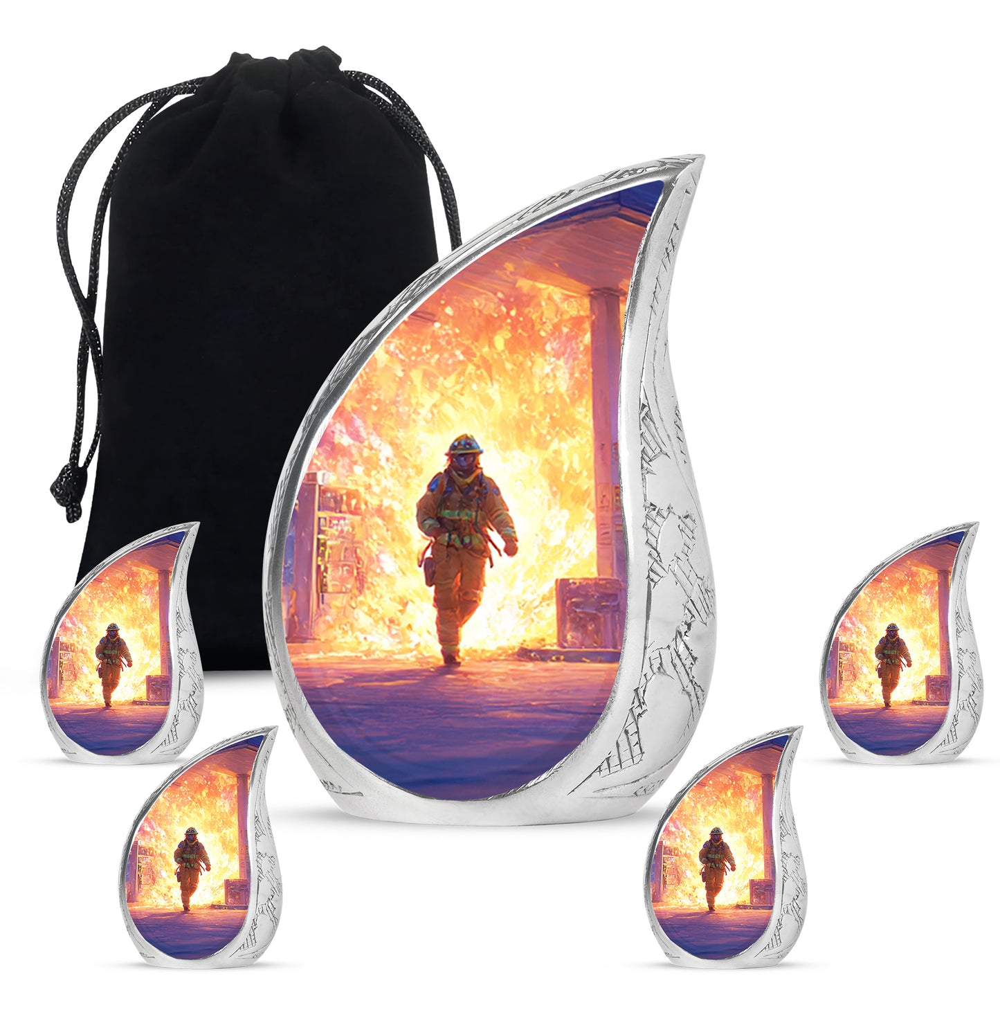 Royal Blue Firefighter Cremation Urn side profile showing urn shape - graceful tear-shaped urn with firefighter motif - memorial set with one large and four small urns