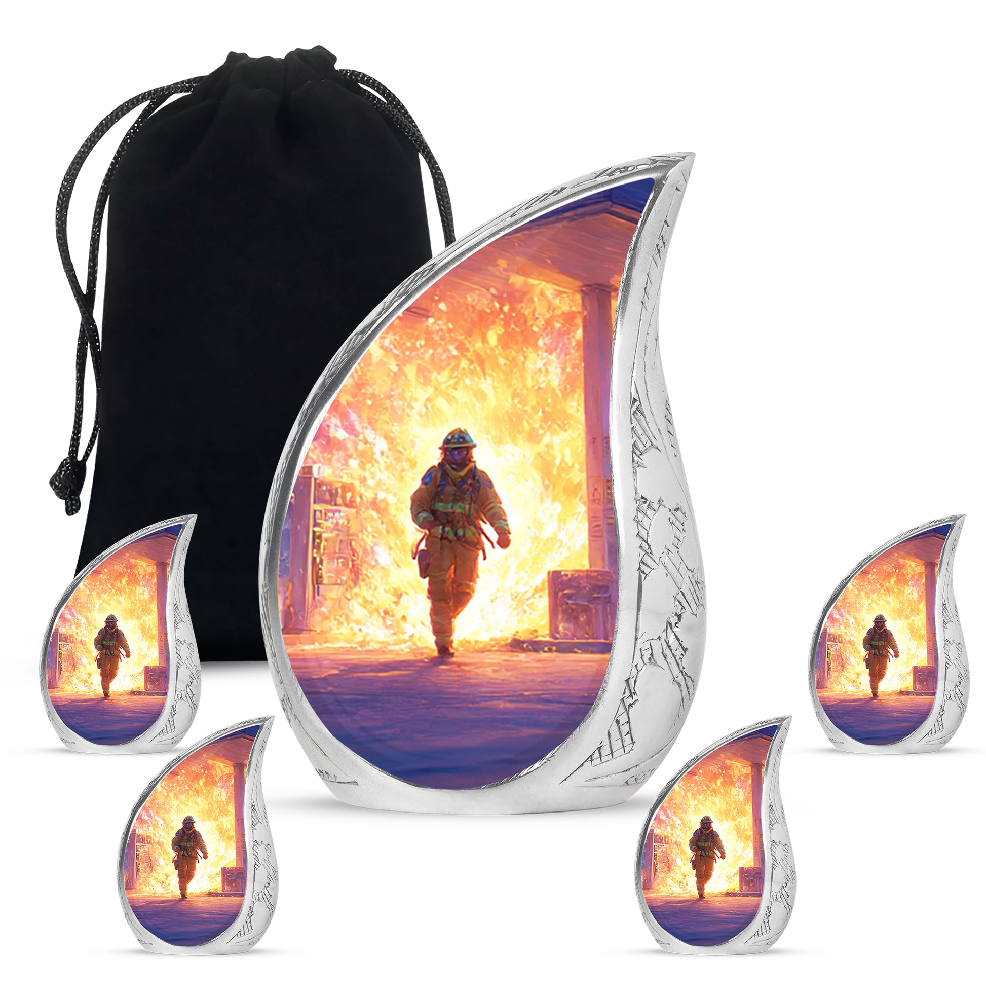 Royal Blue Firefighter Cremation Urn side profile showing urn shape - graceful tear-shaped urn with firefighter motif - memorial set with one large and four small urns