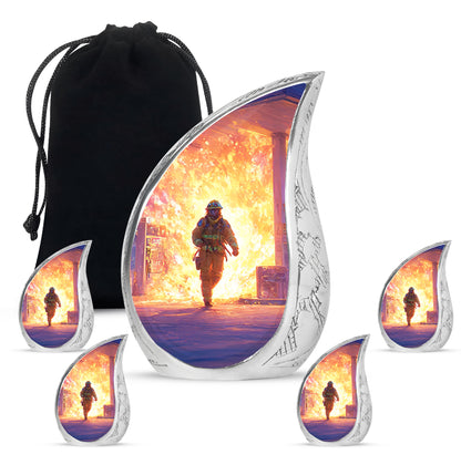 Royal Blue Firefighter Cremation Urn side profile showing urn shape - graceful tear-shaped urn with firefighter motif - memorial set with one large and four small urns