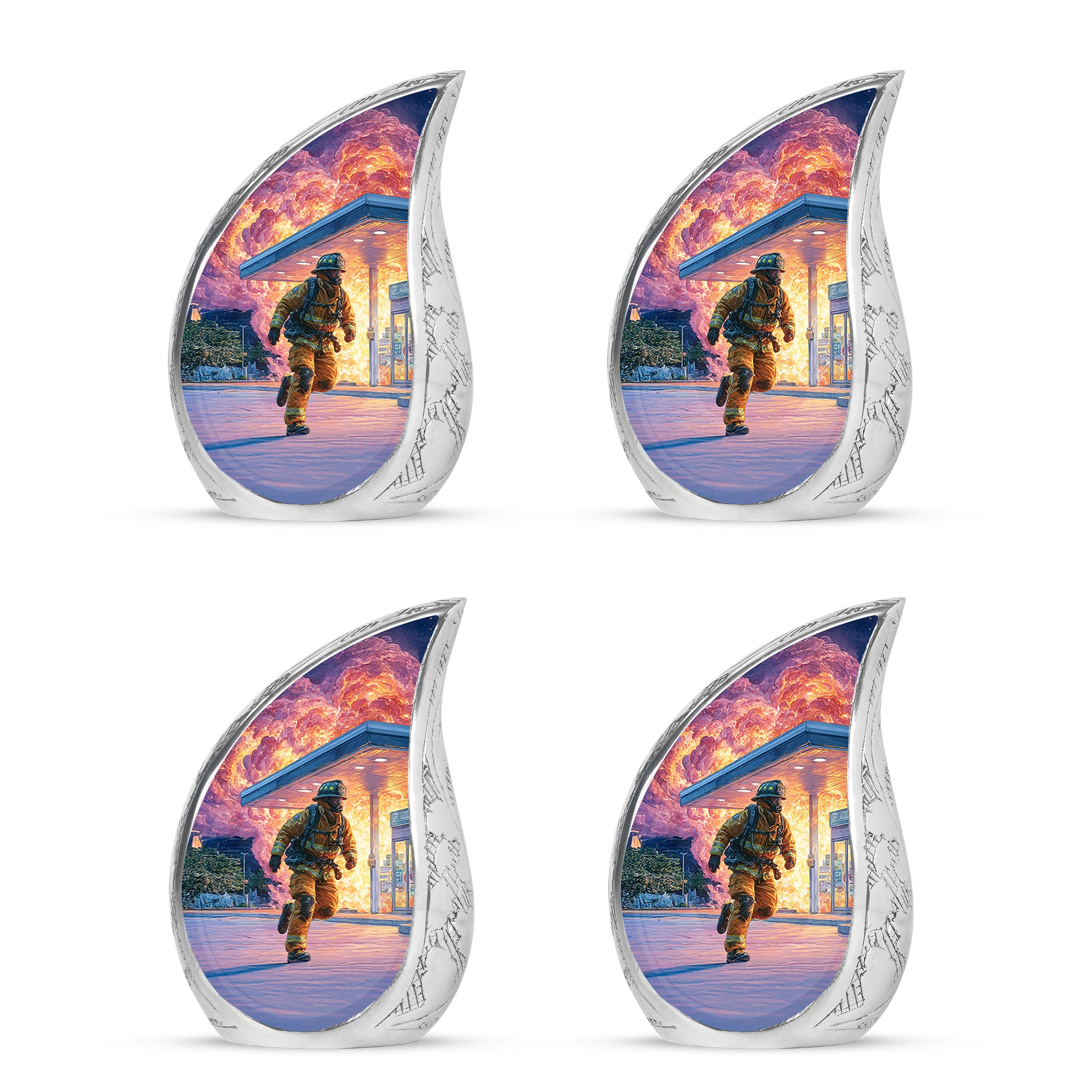 Cornflower Blue Firefighter Cremation Urn close-up of engraving and surface detail - smooth teardrop contour featuring firefighter art - 10 inch aluminum urn for cremated remains