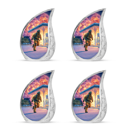 Cornflower Blue Firefighter Cremation Urn close-up of engraving and surface detail - smooth teardrop contour featuring firefighter art - 10 inch aluminum urn for cremated remains