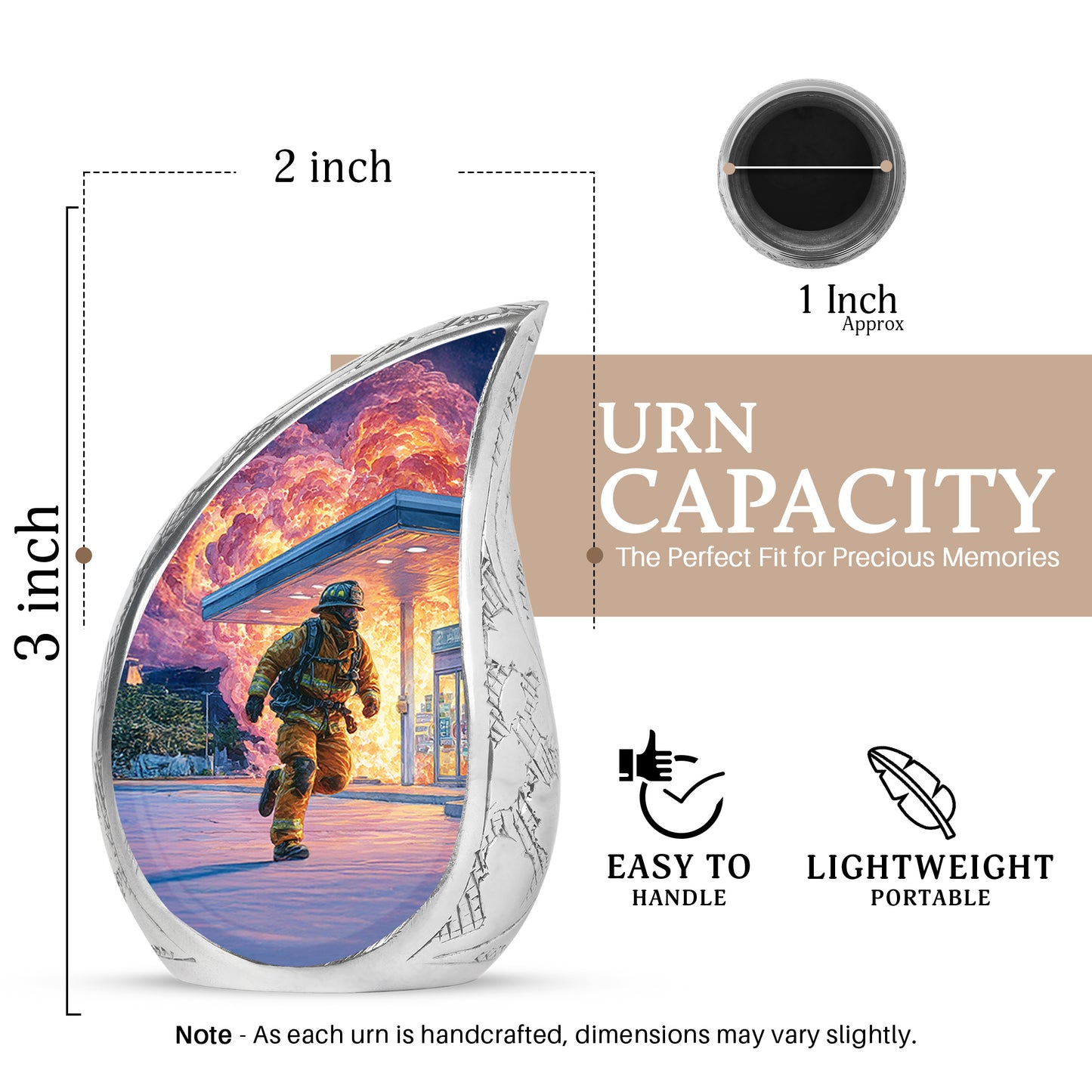 Icy Blue Firefighter Cremation Urn angled view of lid and engraved motif - rounded teardrop firefighter design with delicate detail - mini keepsake memorial for portion of cremation ashes