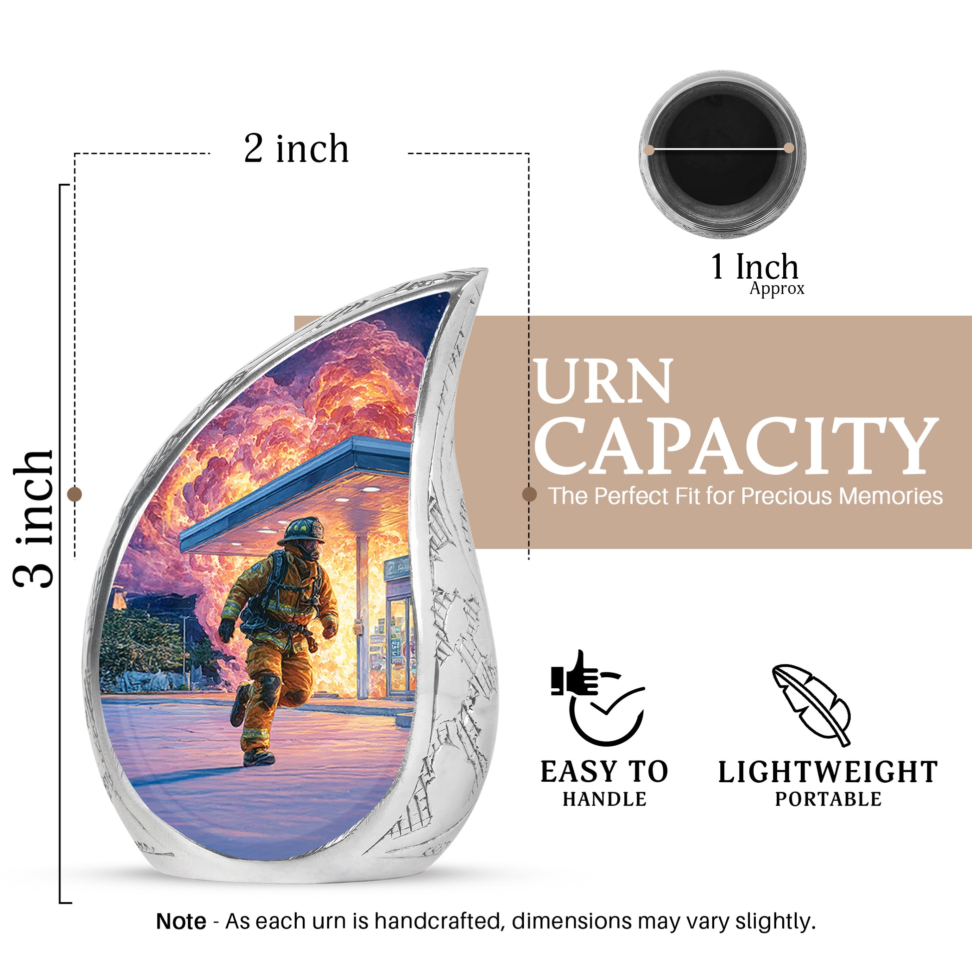 Icy Blue Firefighter Cremation Urn angled view of lid and engraved motif - rounded teardrop firefighter design with delicate detail - mini keepsake memorial for portion of cremation ashes