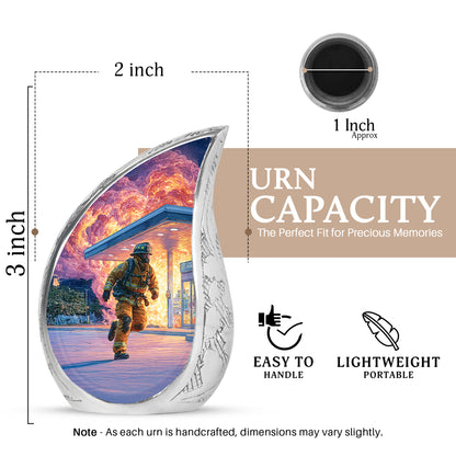 Icy Blue Firefighter Cremation Urn angled view of lid and engraved motif - rounded teardrop firefighter design with delicate detail - mini keepsake memorial for portion of cremation ashes