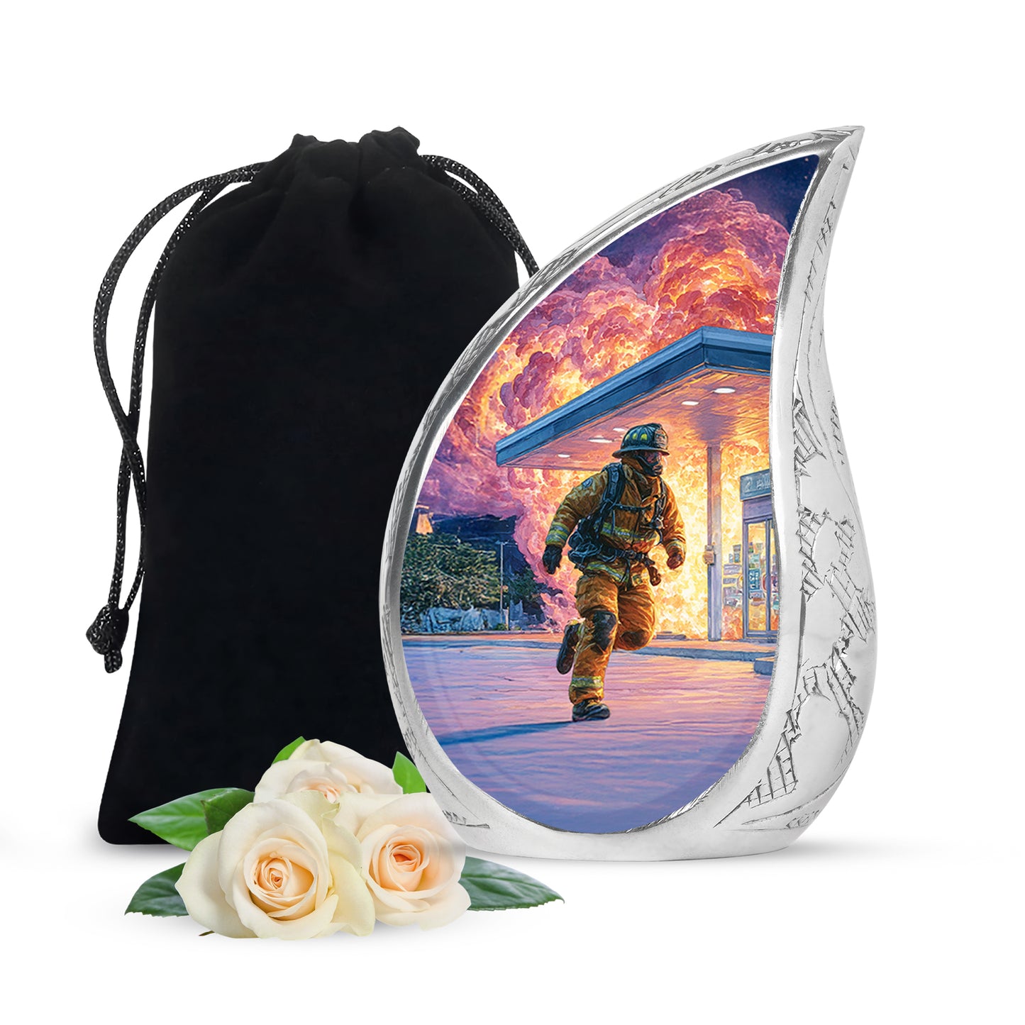 Vivid Blue Firefighter Cremation Urn front view showing detailed design - smooth teardrop contour featuring firefighter art - full-size 10 inch 200 cubic inch adult cremation urn