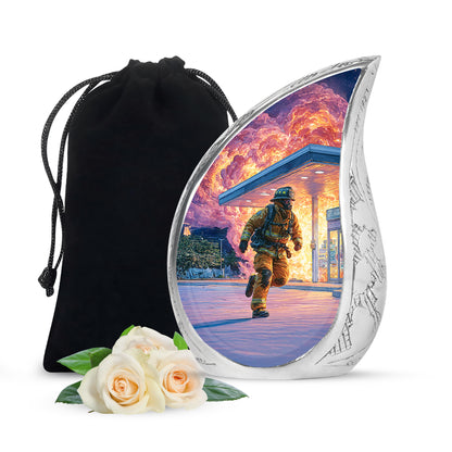 Vivid Blue Firefighter Cremation Urn front view showing detailed design - smooth teardrop contour featuring firefighter art - full-size 10 inch 200 cubic inch adult cremation urn