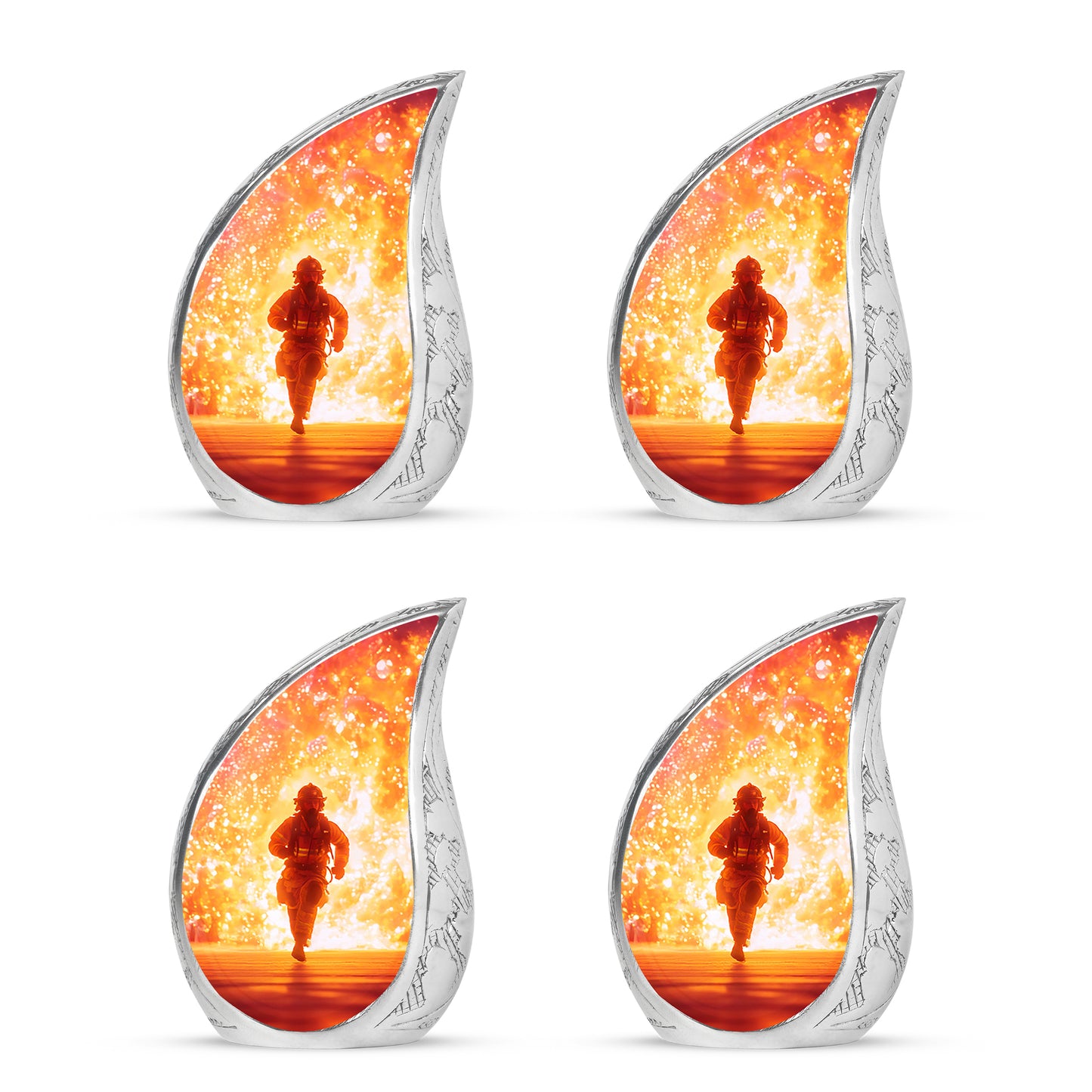 Peony Pink Firefighter Cremation Urn close-up of engraving and surface detail - rounded teardrop firefighter design with delicate detail - 10 inch aluminum urn for cremated remains