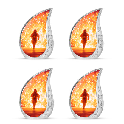 Peony Pink Firefighter Cremation Urn close-up of engraving and surface detail - rounded teardrop firefighter design with delicate detail - 10 inch aluminum urn for cremated remains