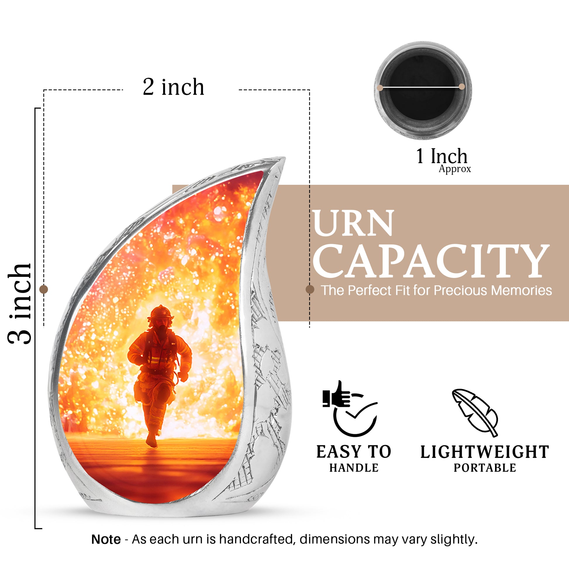 Rose Pink Firefighter Cremation Urn angled view of lid and engraved motif - flowing teardrop firefighter silhouette on curved aluminum - mini keepsake memorial for portion of cremation ashes