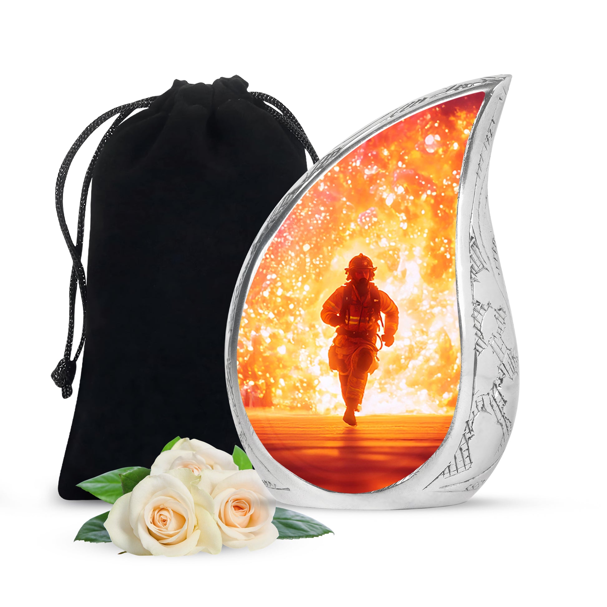 Rose Pink Firefighter Cremation Urn front view showing detailed design - flowing teardrop firefighter silhouette on curved aluminum - full-size 10 inch 200 cubic inch adult cremation urn