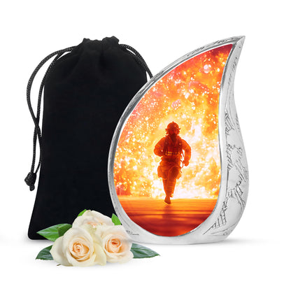 Rose Pink Firefighter Cremation Urn front view showing detailed design - flowing teardrop firefighter silhouette on curved aluminum - full-size 10 inch 200 cubic inch adult cremation urn