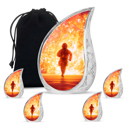 Dusty Pink Firefighter Cremation Urn side profile showing urn shape - graceful tear-shaped urn with firefighter motif - memorial set with one large and four small urns