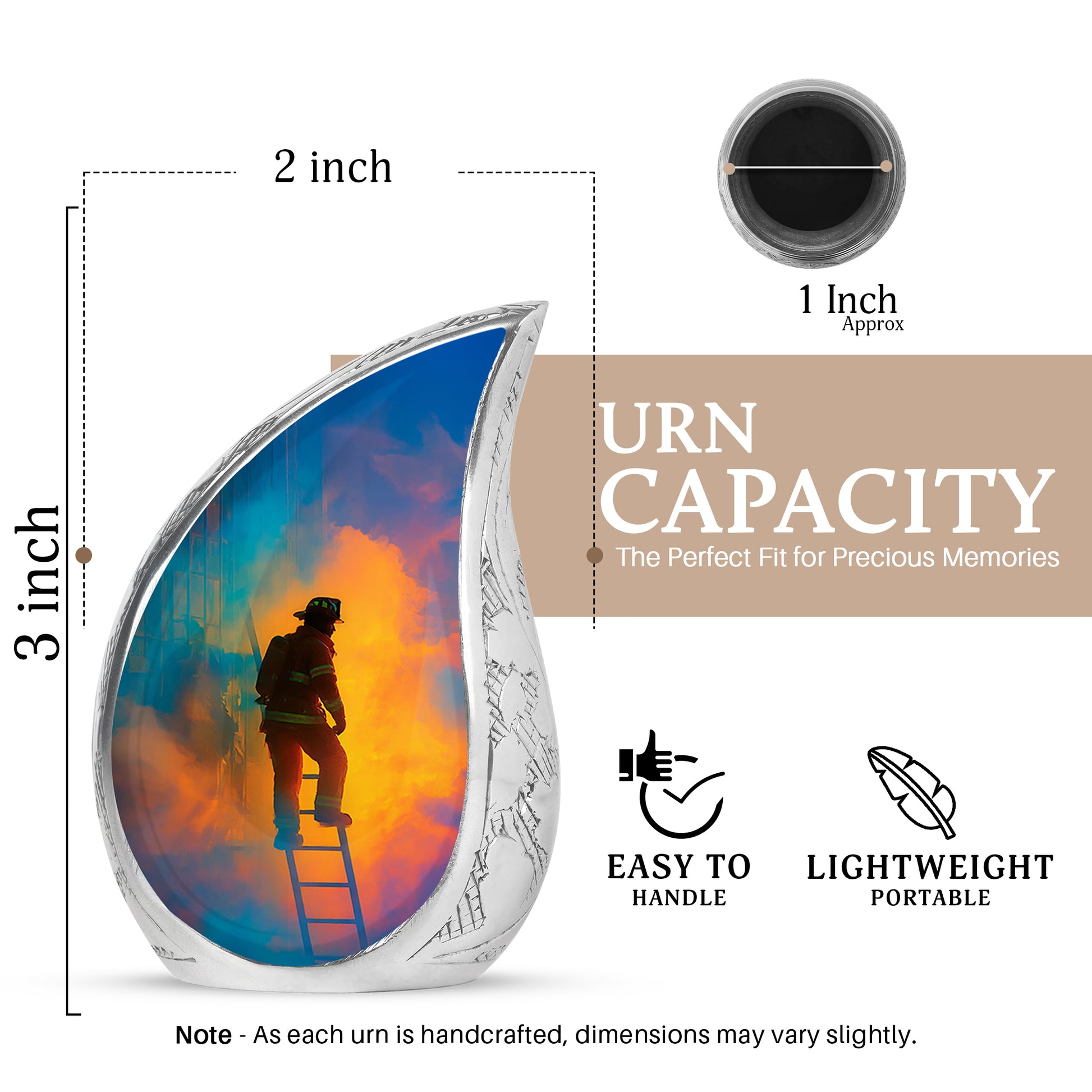 Celestial Blue Firefighter Cremation Urn angled view of lid and engraved motif - flowing teardrop firefighter silhouette on curved aluminum - mini keepsake memorial for portion of cremation ashes