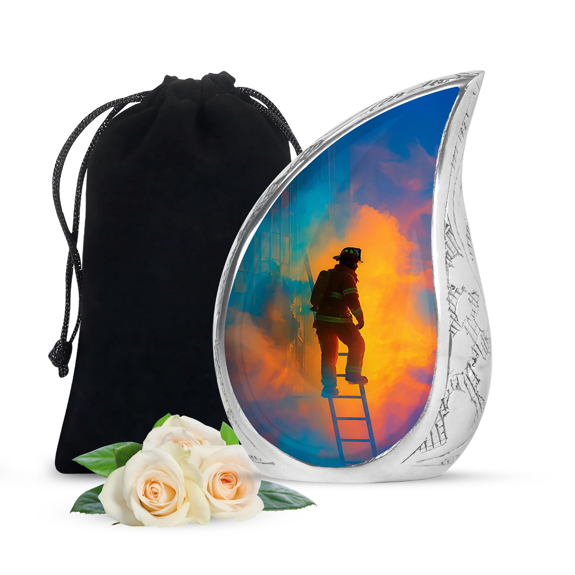 Misty Blue Firefighter Cremation Urn front view showing detailed design - flowing teardrop firefighter silhouette on curved aluminum - full-size 10 inch 200 cubic inch adult cremation urn