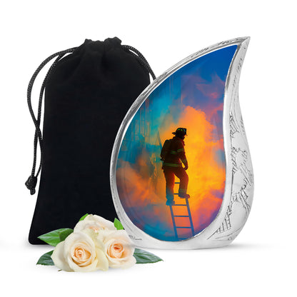 Misty Blue Firefighter Cremation Urn front view showing detailed design - flowing teardrop firefighter silhouette on curved aluminum - full-size 10 inch 200 cubic inch adult cremation urn