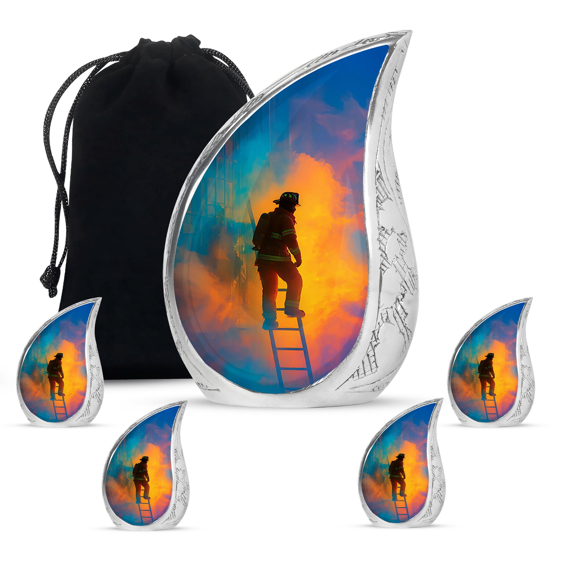 Pastel Blue Firefighter Cremation Urn side profile showing urn shape - rounded teardrop firefighter design with delicate detail - memorial set with one large and four small urns