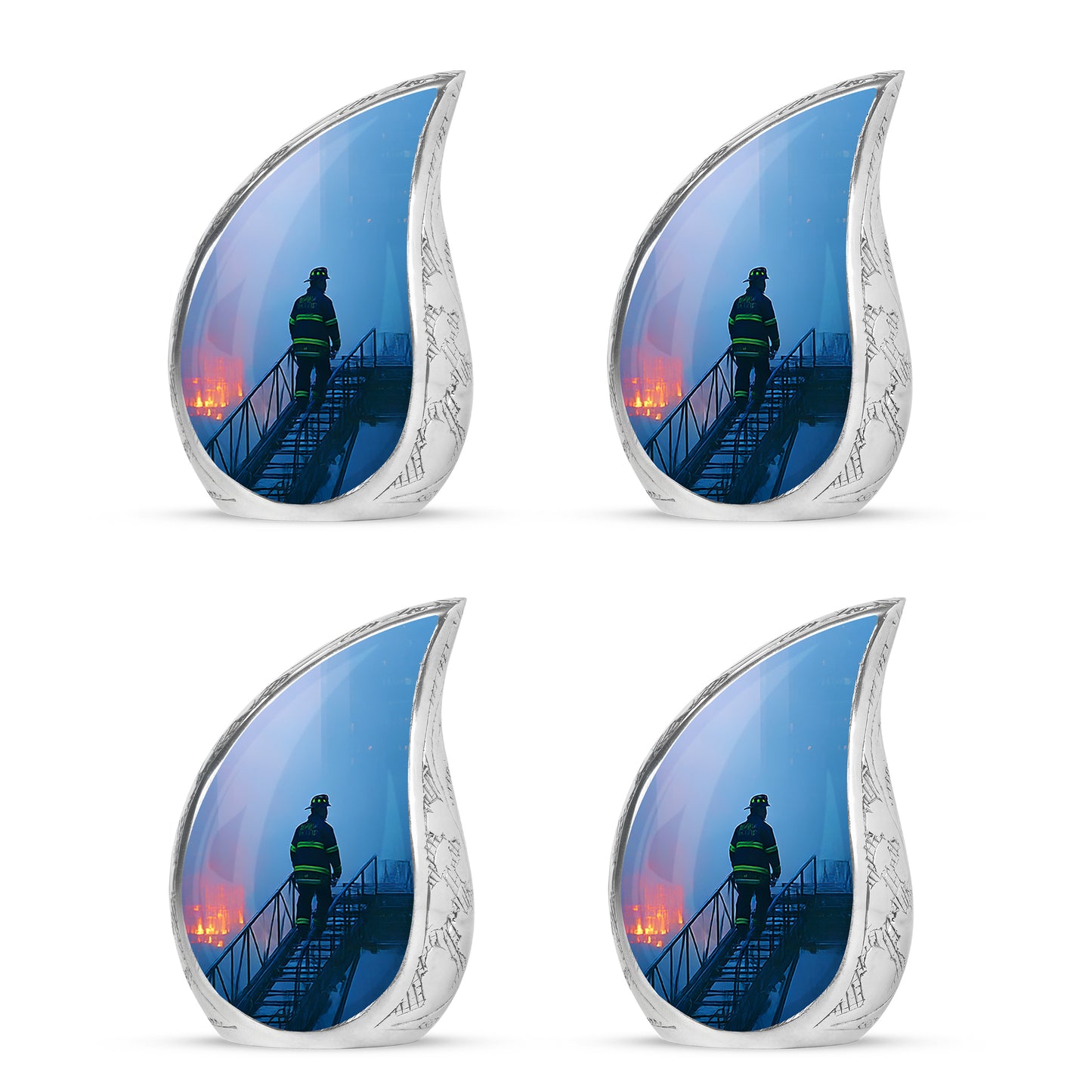 Serene Blue Firefighter Cremation Urn close-up of engraving and surface detail - smooth teardrop contour featuring firefighter art - 10 inch aluminum urn for cremated remains
