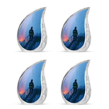 Serene Blue Firefighter Cremation Urn close-up of engraving and surface detail - smooth teardrop contour featuring firefighter art - 10 inch aluminum urn for cremated remains