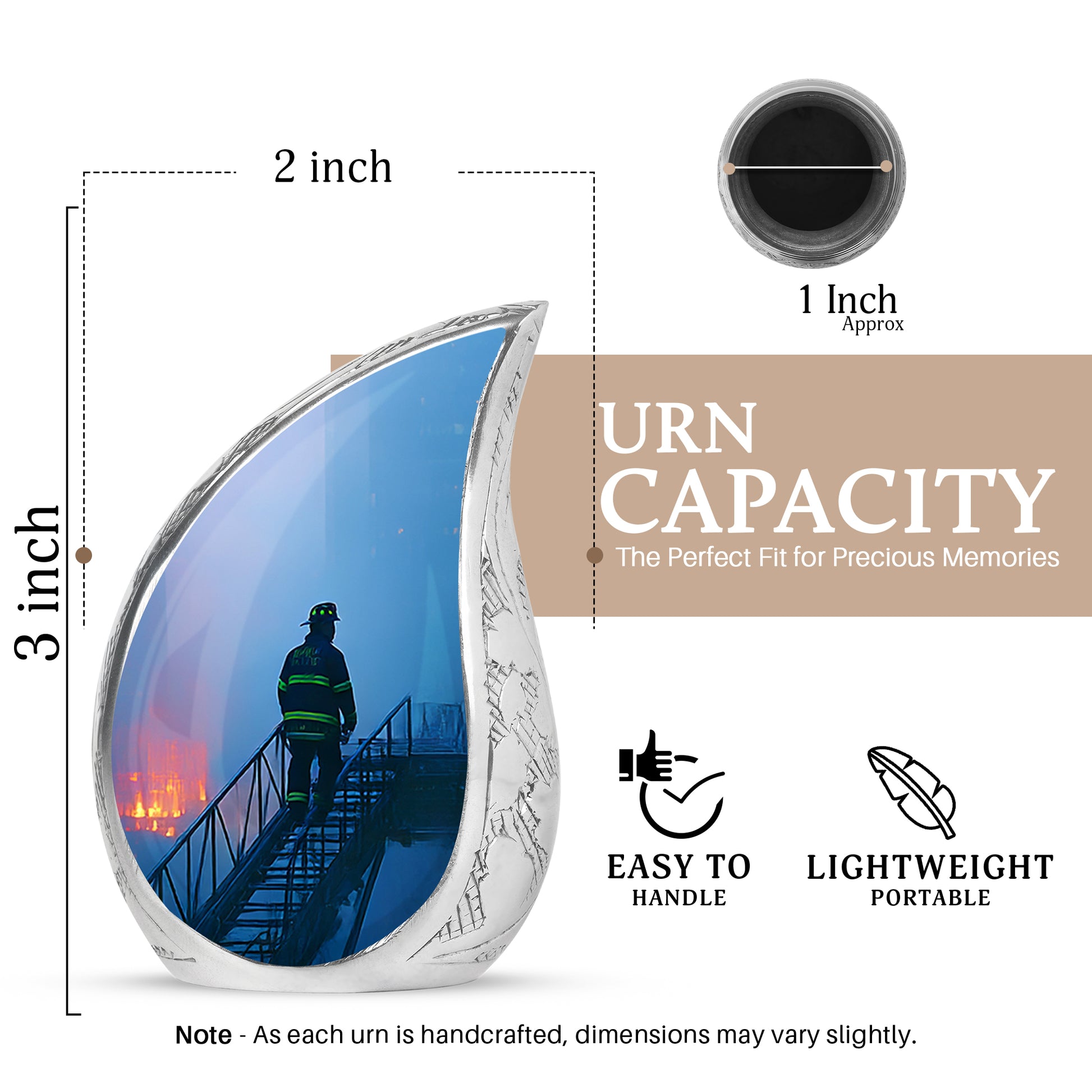 Indigo Firefighter Cremation Urn angled view of lid and engraved motif - flowing teardrop firefighter silhouette on curved aluminum - mini keepsake memorial for portion of cremation ashes