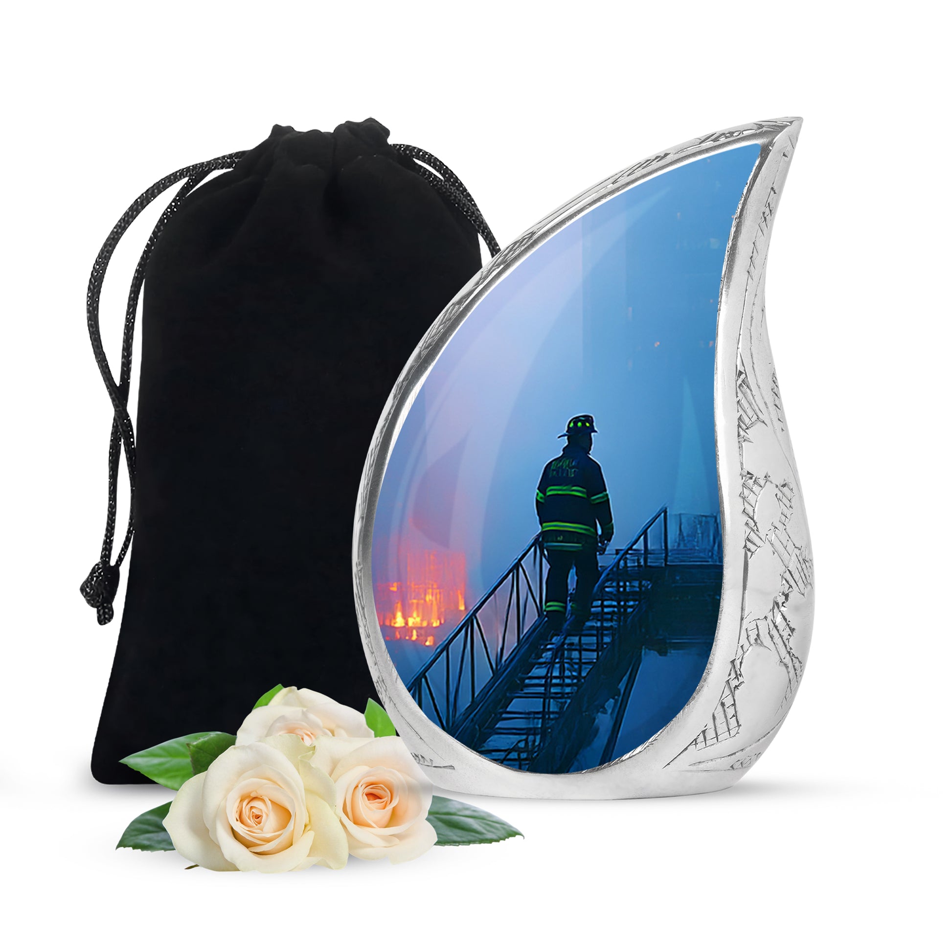 Sky Blue Firefighter Cremation Urn front view showing detailed design - flowing teardrop firefighter silhouette on curved aluminum - full-size 10 inch 200 cubic inch adult cremation urn