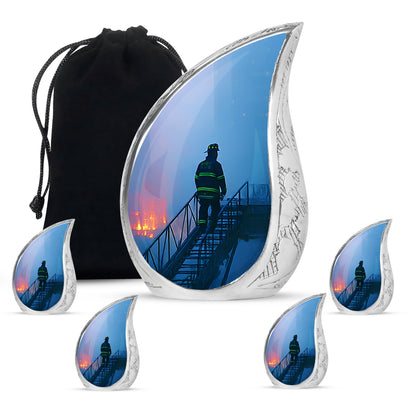 Cobalt Blue Firefighter Cremation Urn side profile showing urn shape - smooth teardrop contour featuring firefighter art - memorial set with one large and four small urns