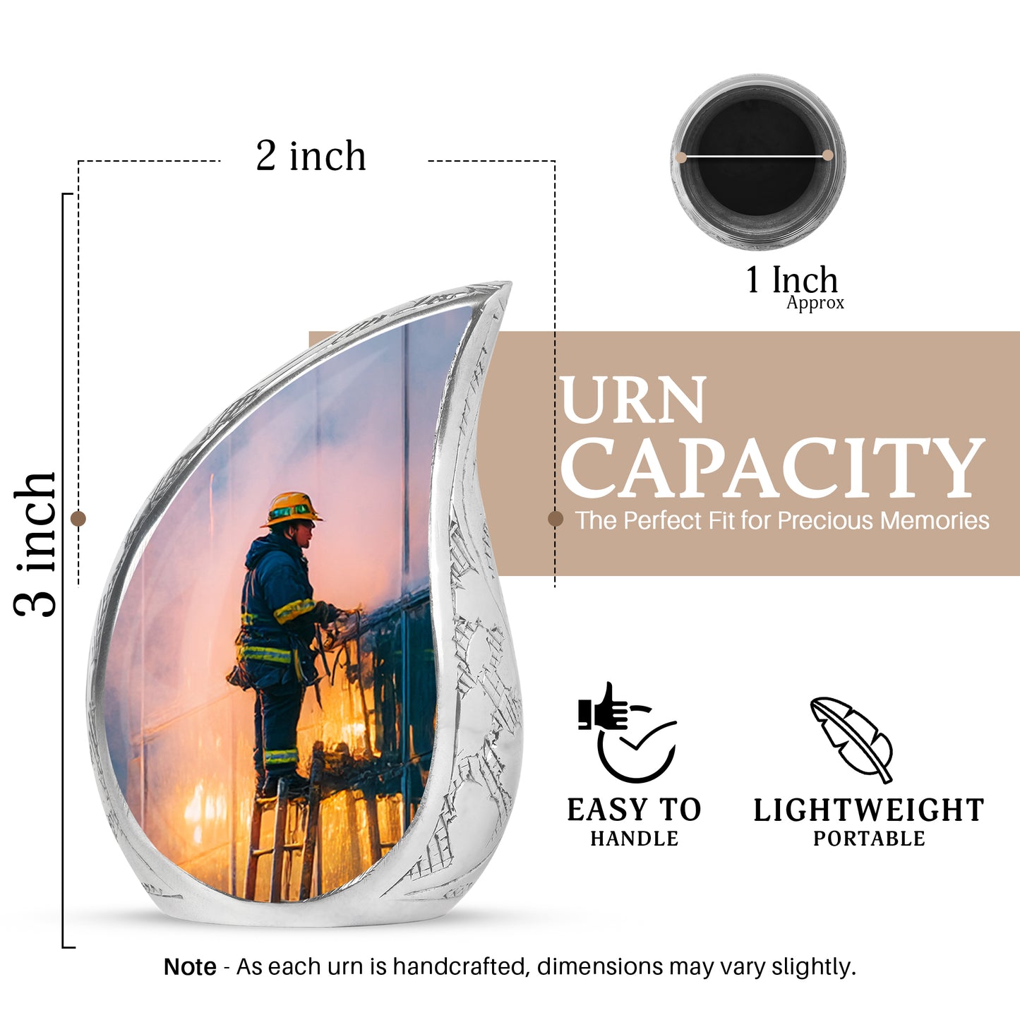 Celestial Blue Firefighter Cremation Urn angled view of lid and engraved motif - flowing teardrop firefighter silhouette on curved aluminum - mini keepsake memorial for portion of cremation ashes