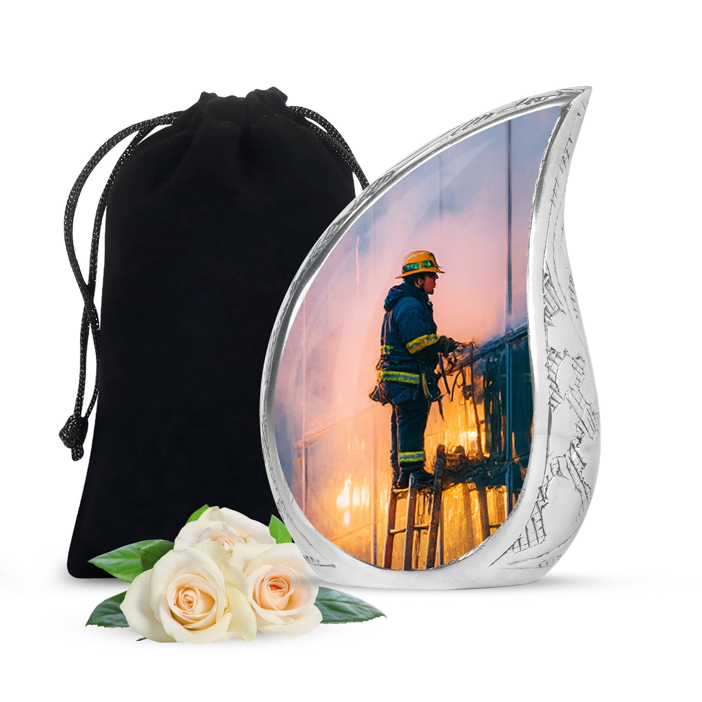 Indigo Firefighter Cremation Urn front view showing detailed design - flowing teardrop firefighter silhouette on curved aluminum - full-size 10 inch 200 cubic inch adult cremation urn