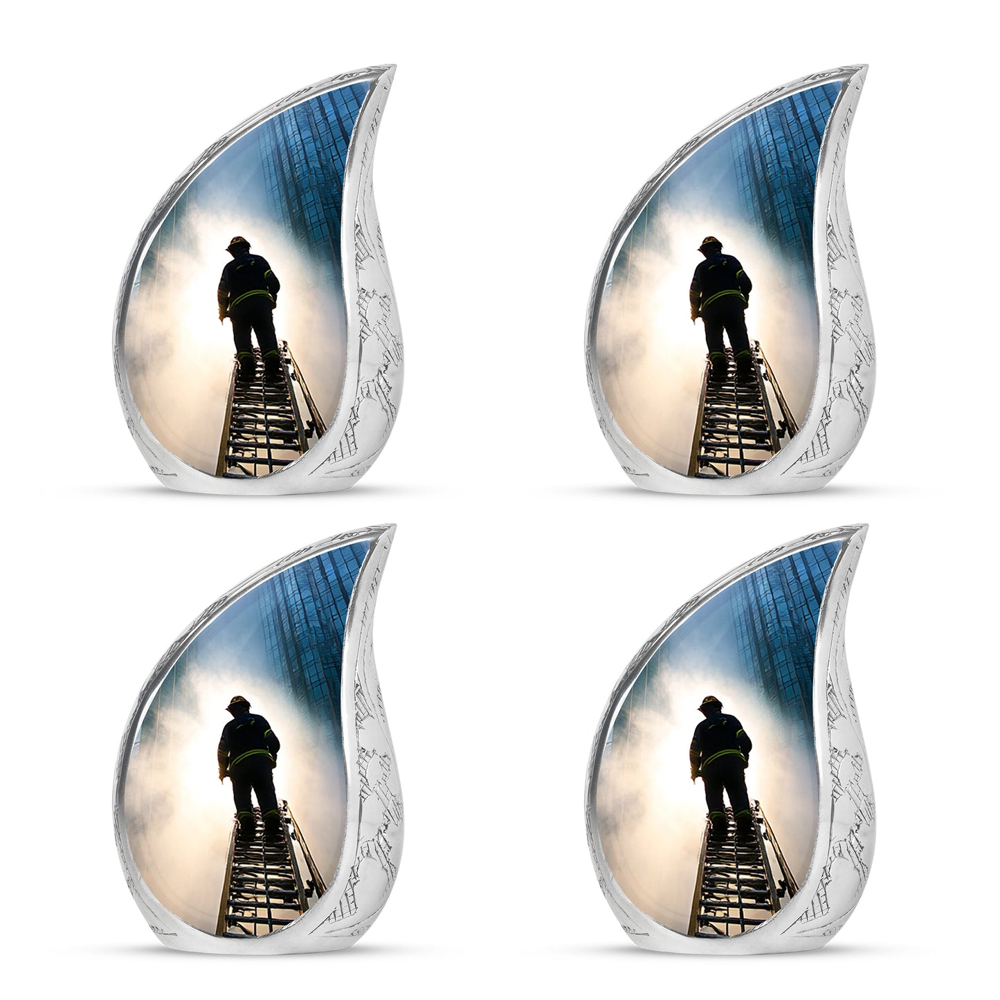 Twilight Blue Firefighter Cremation Urn close-up of engraving and surface detail - graceful tear-shaped urn with firefighter motif - 10 inch aluminum urn for cremated remains
