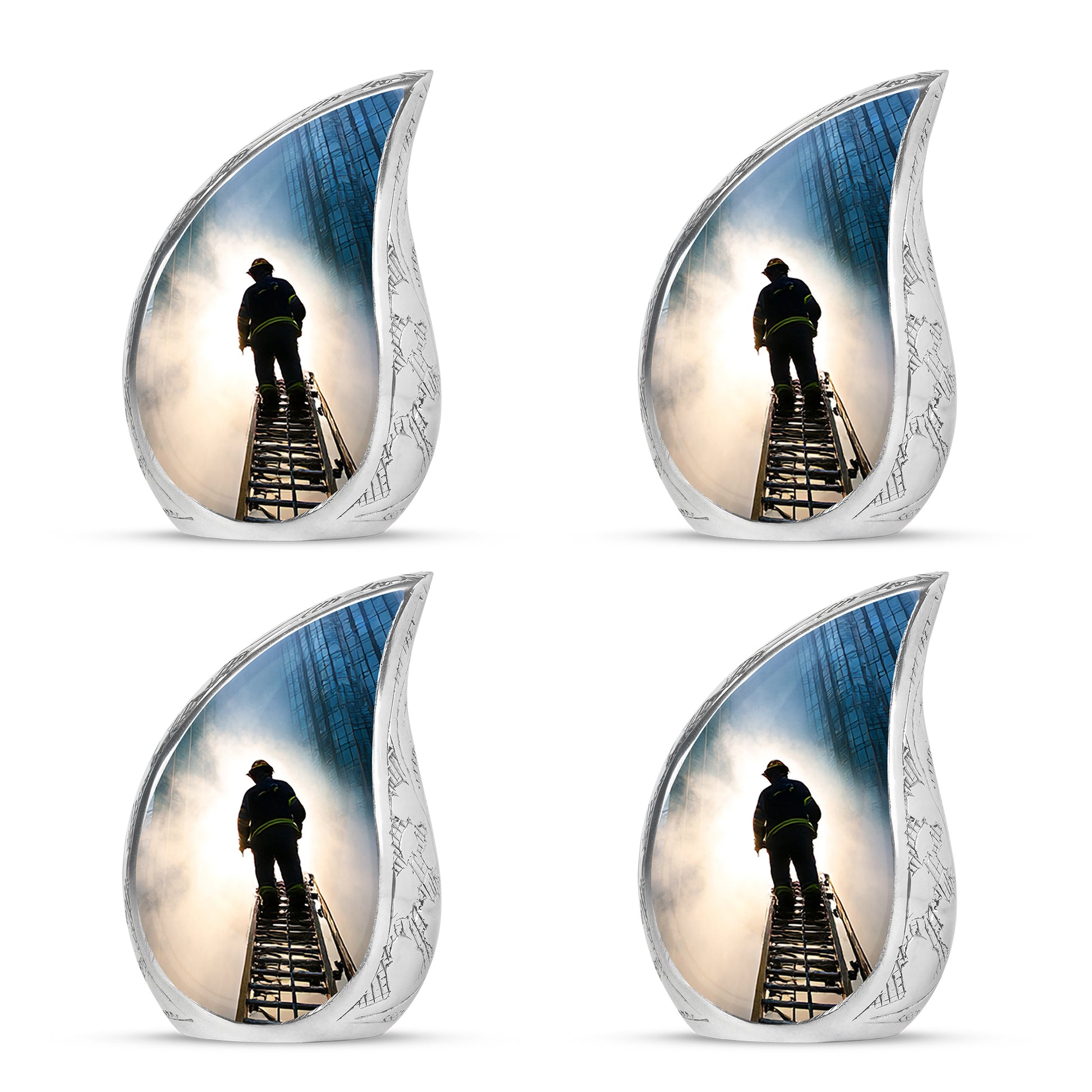 Twilight Blue Firefighter Cremation Urn close-up of engraving and surface detail - graceful tear-shaped urn with firefighter motif - 10 inch aluminum urn for cremated remains