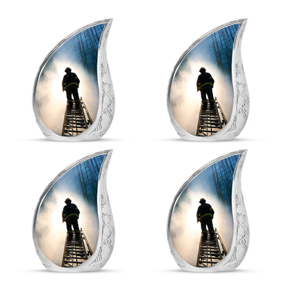 Twilight Blue Firefighter Cremation Urn close-up of engraving and surface detail - graceful tear-shaped urn with firefighter motif - 10 inch aluminum urn for cremated remains