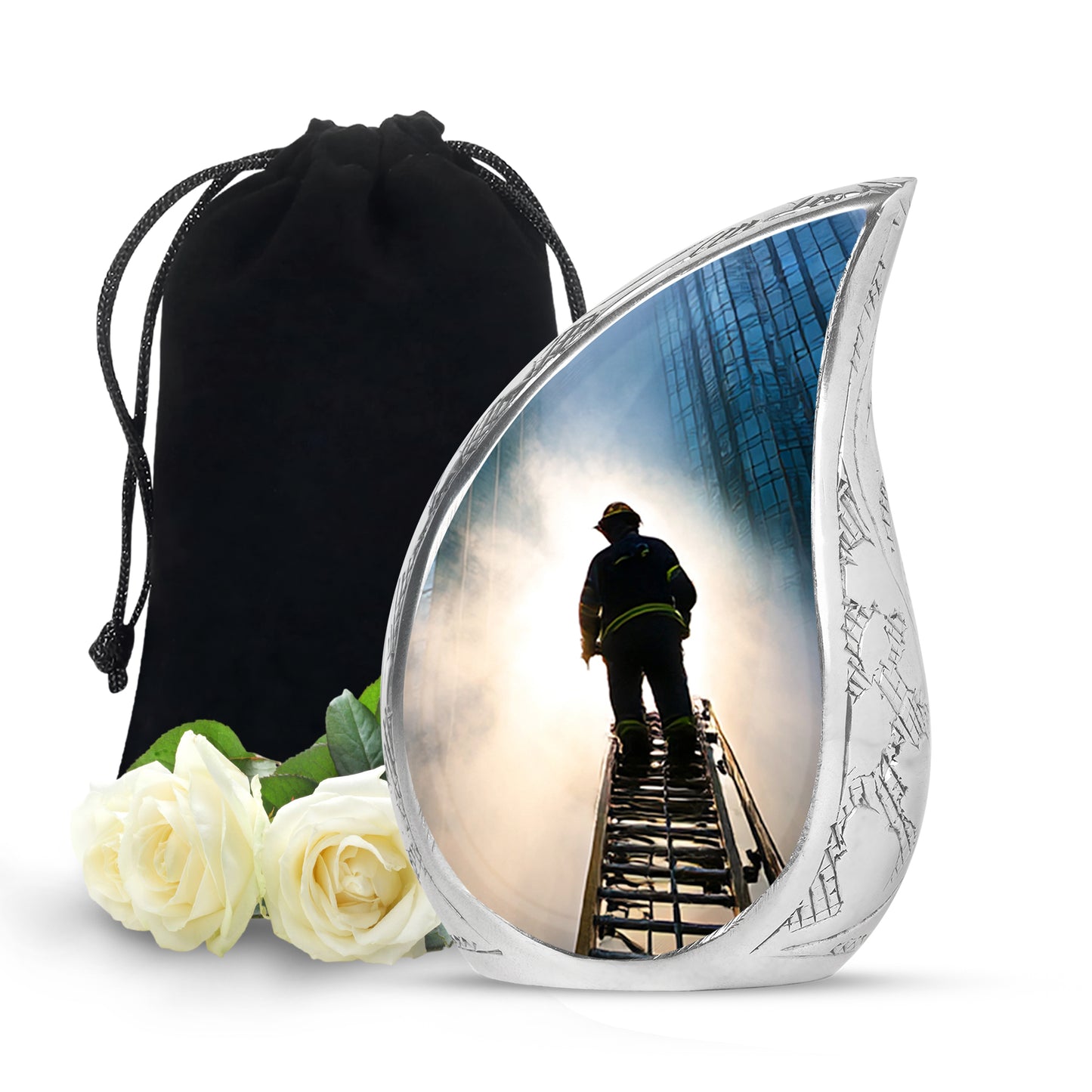 Cornflower Blue Firefighter Cremation Urn front view showing detailed design - graceful tear-shaped urn with firefighter motif - full-size 10 inch 200 cubic inch adult cremation urn