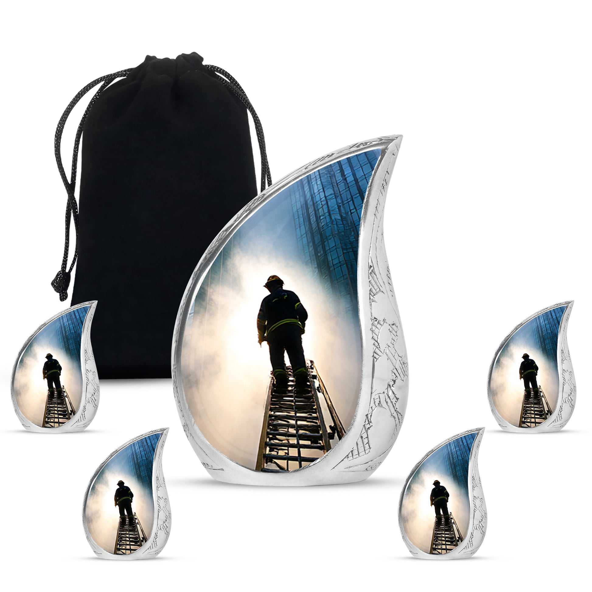 Slate Blue Firefighter Cremation Urn side profile showing urn shape - flowing teardrop firefighter silhouette on curved aluminum - memorial set with one large and four small urns
