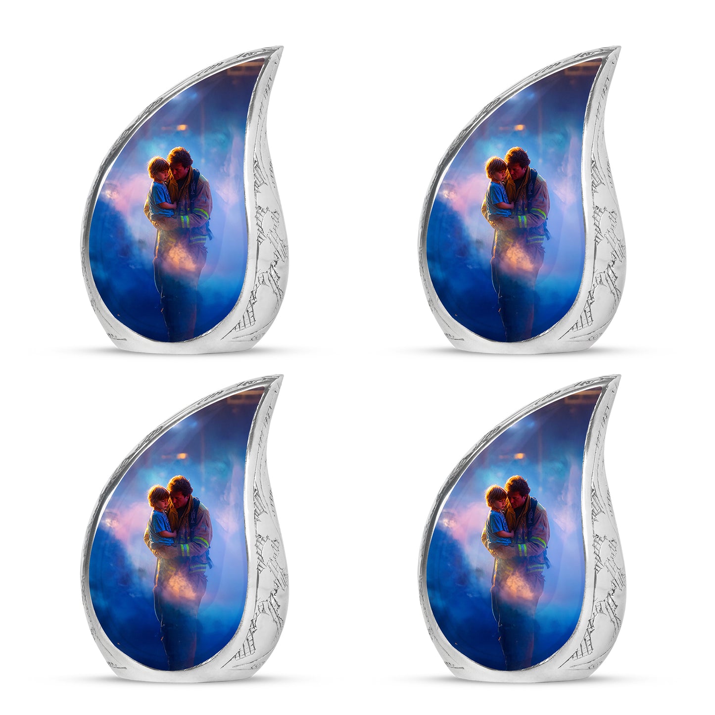 Powder Blue Firefighter Cremation Urn close-up of engraving and surface detail - flowing teardrop firefighter silhouette on curved aluminum - 10 inch aluminum urn for cremated remains
