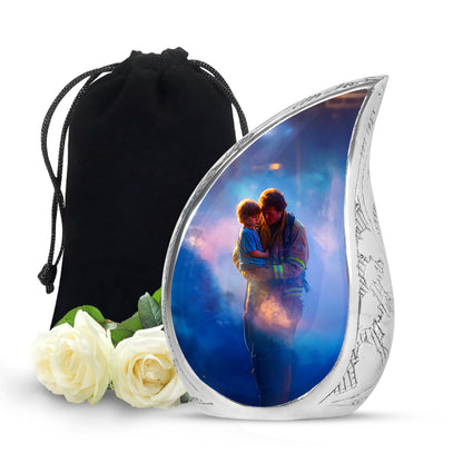 Cobalt Blue Firefighter Cremation Urn front view showing detailed design - smooth teardrop contour featuring firefighter art - full-size 10 inch 200 cubic inch adult cremation urn