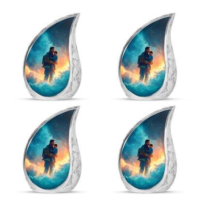 Sapphire Blue Firefighter Cremation Urn close-up of engraving and surface detail - smooth teardrop contour featuring firefighter art - 10 inch aluminum urn for cremated remains